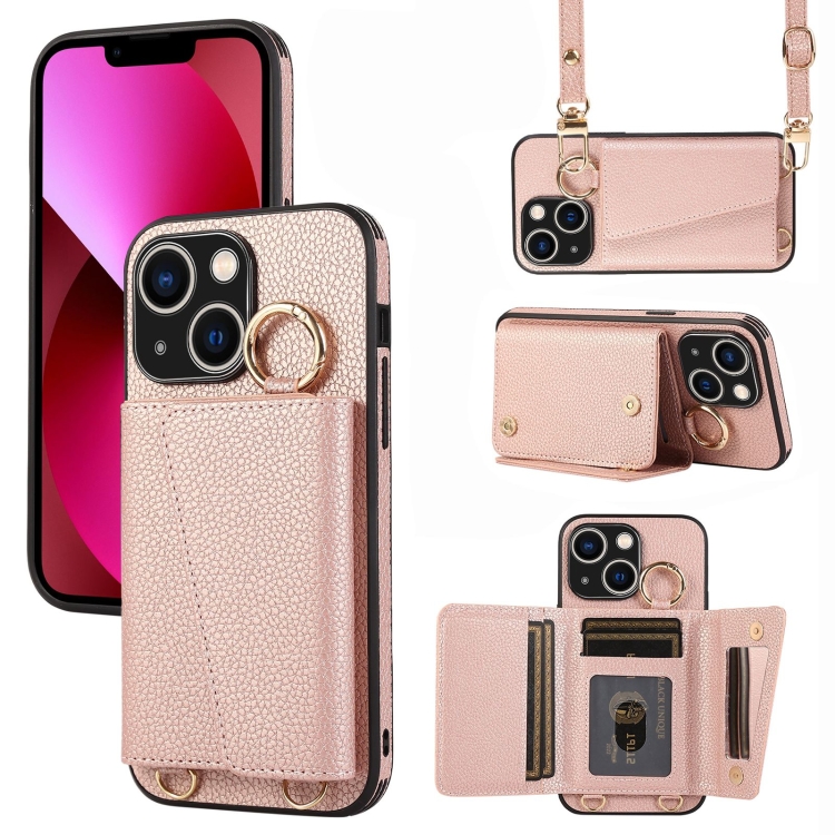 

For iPhone 13 Crossbody Ring Wallet Leather Back Cover Phone Case(Pink)