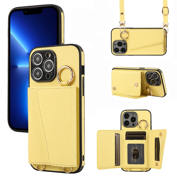 

For iPhone 13 Pro Crossbody Ring Wallet Leather Back Cover Phone Case(Yellow)