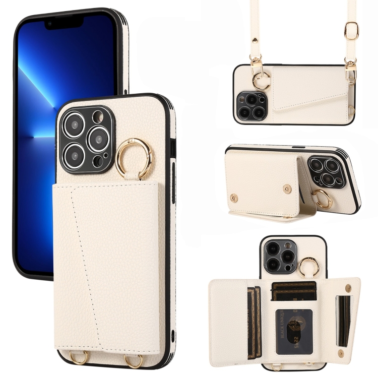 

For iPhone 13 Pro Crossbody Ring Wallet Leather Back Cover Phone Case(White)