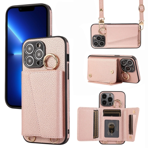 

For iPhone 13 Pro Crossbody Ring Wallet Leather Back Cover Phone Case(Pink)