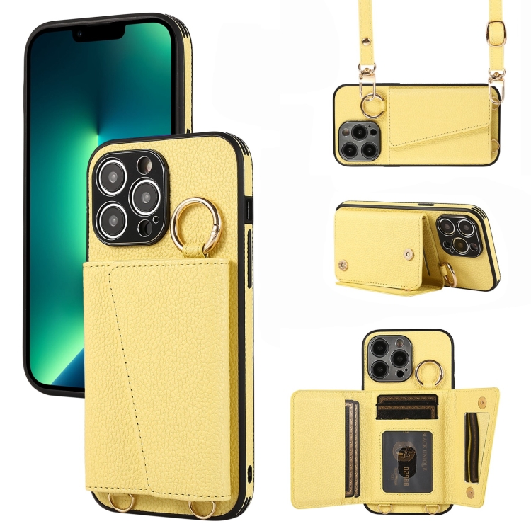 

For iPhone 13 Pro Max Crossbody Ring Wallet Leather Back Cover Phone Case(Yellow)