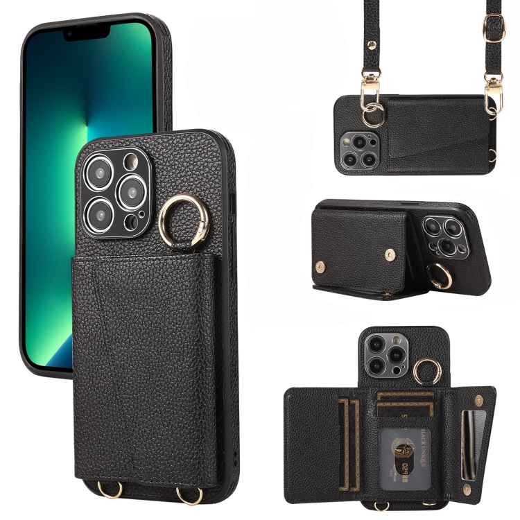 

For iPhone 13 Pro Max Crossbody Ring Wallet Leather Back Cover Phone Case(Black)