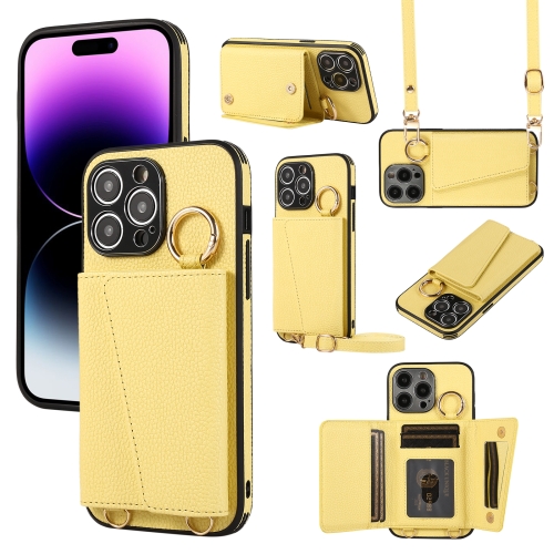 

For iPhone 14 Pro Crossbody Ring Wallet Leather Back Cover Phone Case(Yellow)