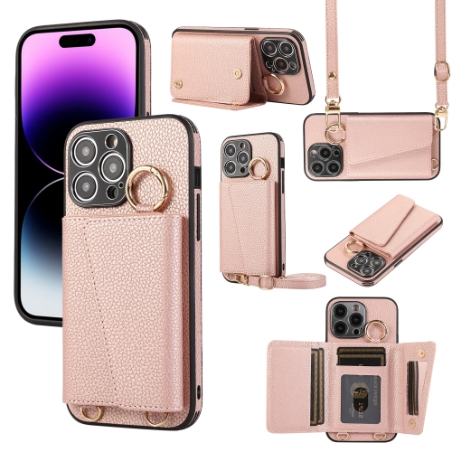 

For iPhone 14 Pro Crossbody Ring Wallet Leather Back Cover Phone Case(Pink)