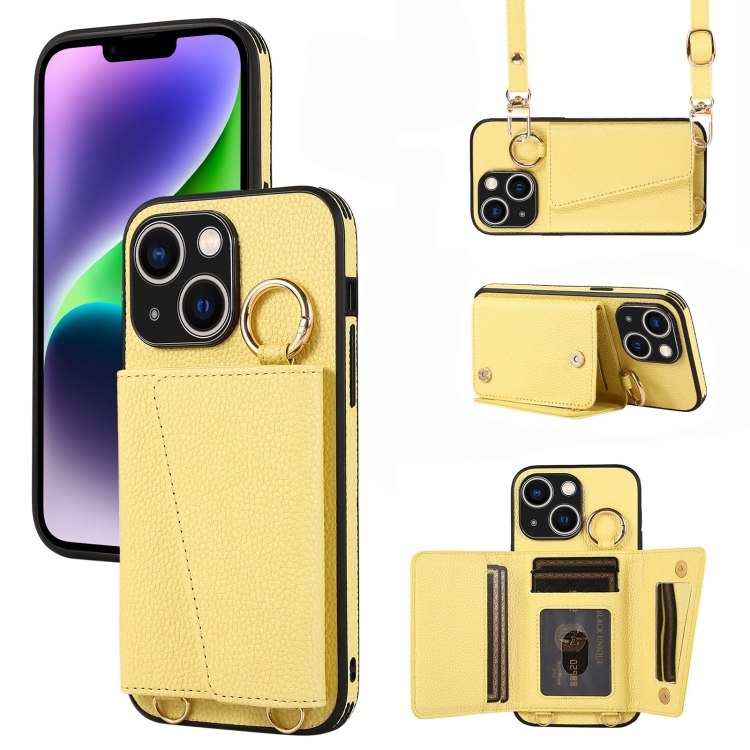 

For iPhone 14 Crossbody Ring Wallet Leather Back Cover Phone Case(Yellow)