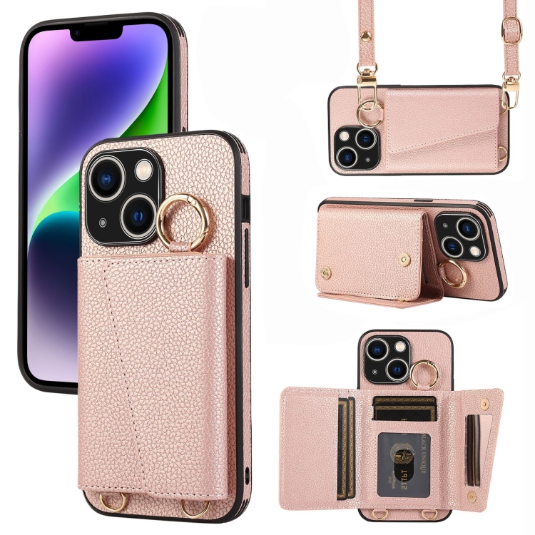 

For iPhone 14 Plus Crossbody Ring Wallet Leather Back Cover Phone Case(Pink)