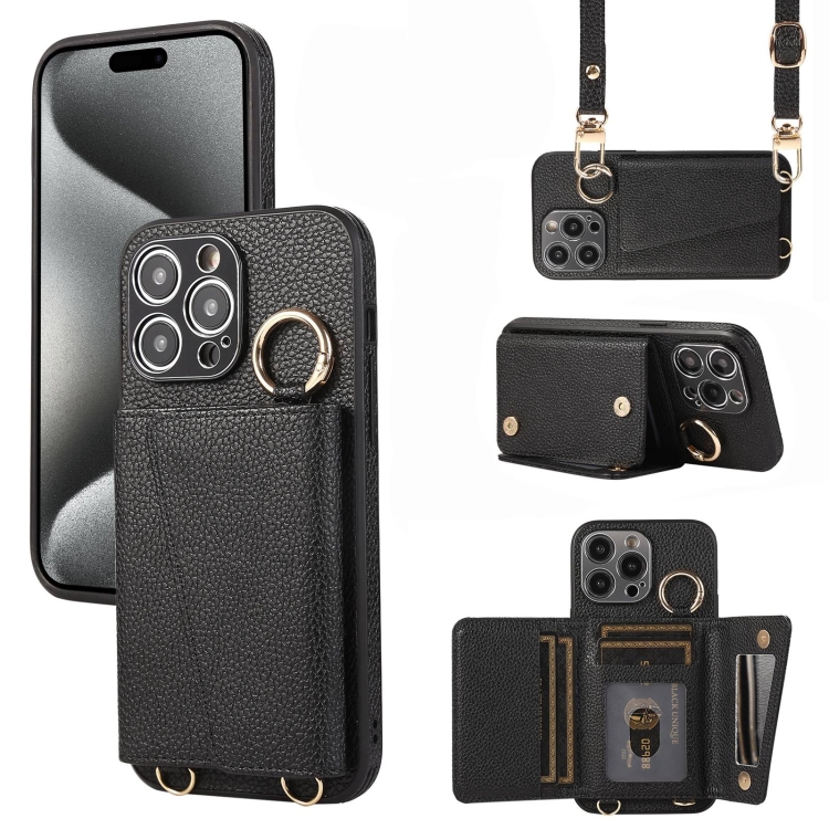 

For iPhone 15 Pro Max Crossbody Ring Wallet Leather Back Cover Phone Case(Black)