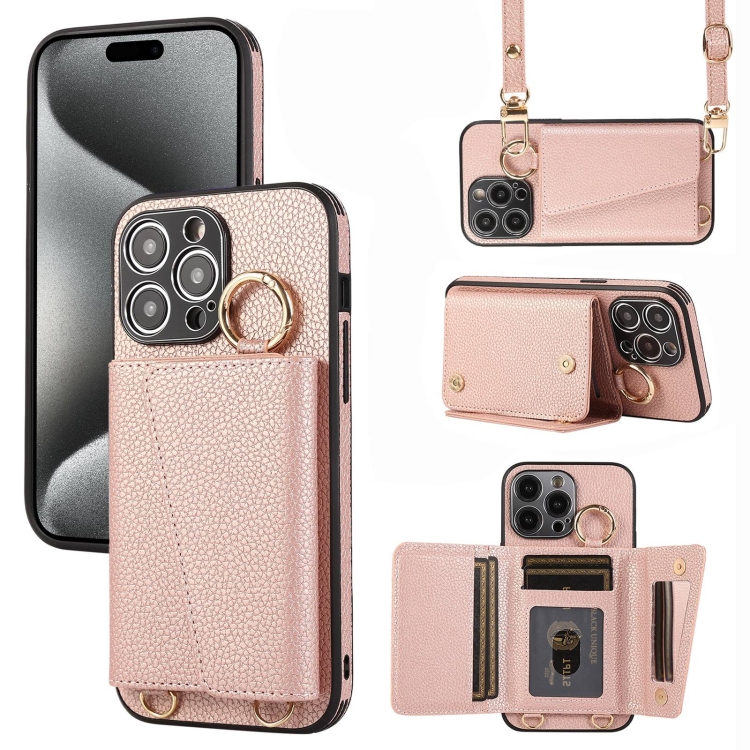 

For iPhone 15 Pro Max Crossbody Ring Wallet Leather Back Cover Phone Case(Pink)