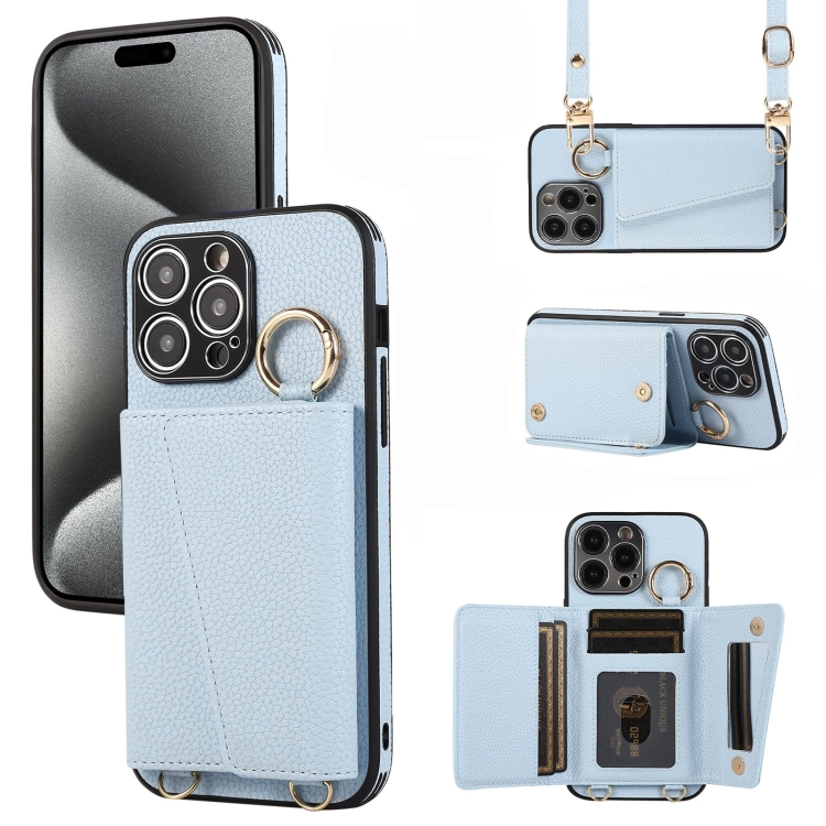 

For iPhone 15 Pro Crossbody Ring Wallet Leather Back Cover Phone Case(Blue)