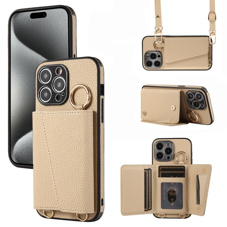 

For iPhone 15 Pro Crossbody Ring Wallet Leather Back Cover Phone Case(Brown)