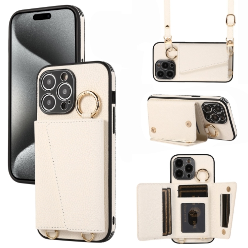 

For iPhone 15 Pro Crossbody Ring Wallet Leather Back Cover Phone Case(White)
