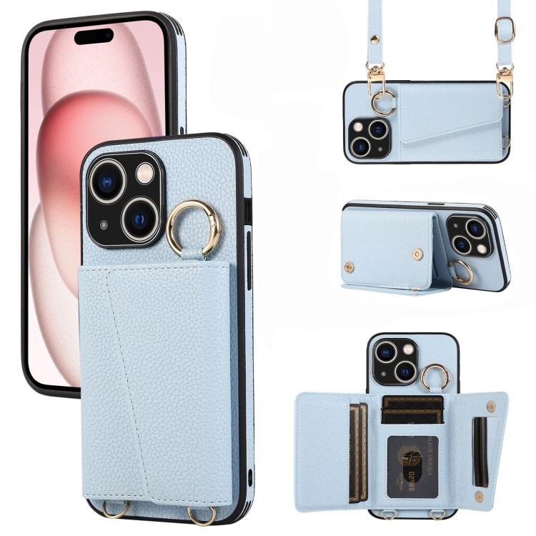 

For iPhone 15 Plus Crossbody Ring Wallet Leather Back Cover Phone Case(Blue)
