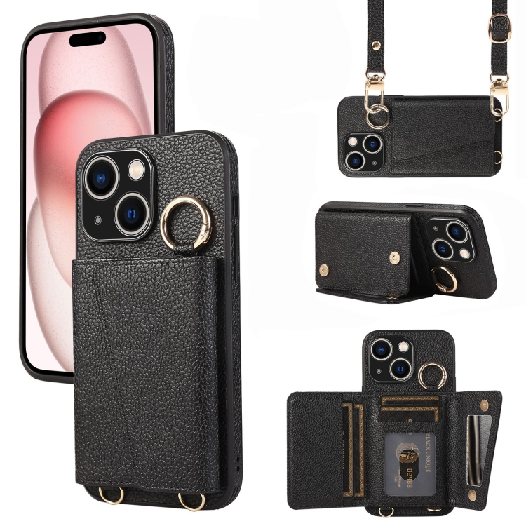 

For iPhone 15 Plus Crossbody Ring Wallet Leather Back Cover Phone Case(Black)