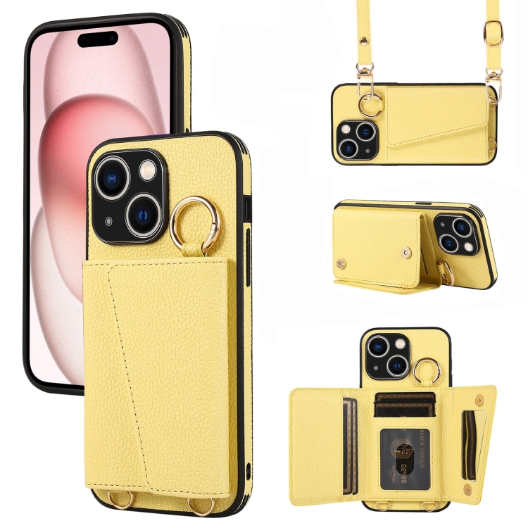 

For iPhone 15 Crossbody Ring Wallet Leather Back Cover Phone Case(Yellow)