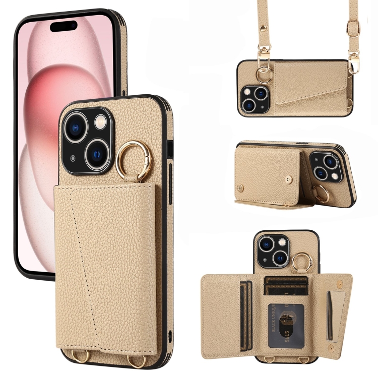

For iPhone 15 Crossbody Ring Wallet Leather Back Cover Phone Case(Brown)