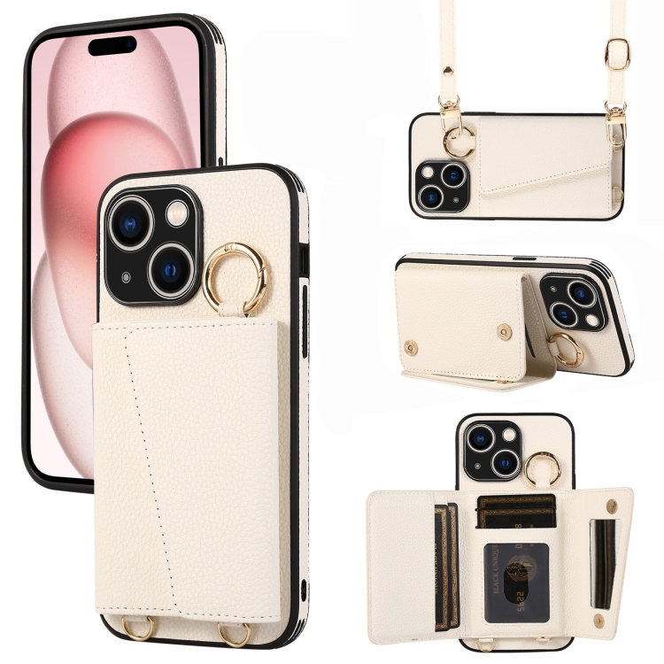 

For iPhone 15 Crossbody Ring Wallet Leather Back Cover Phone Case(White)
