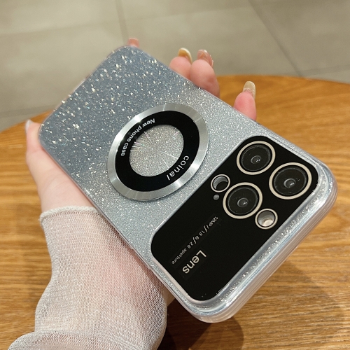 

For iPhone 14 Plus Large Window MagSafe Gradient Glitter Electroplating TPU Phone Case(Transparent)