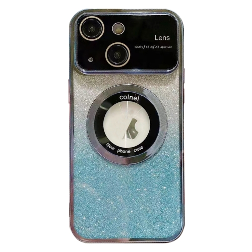 

For iPhone 15 Plus Large Window MagSafe Gradient Glitter Electroplating TPU Phone Case(Blue)