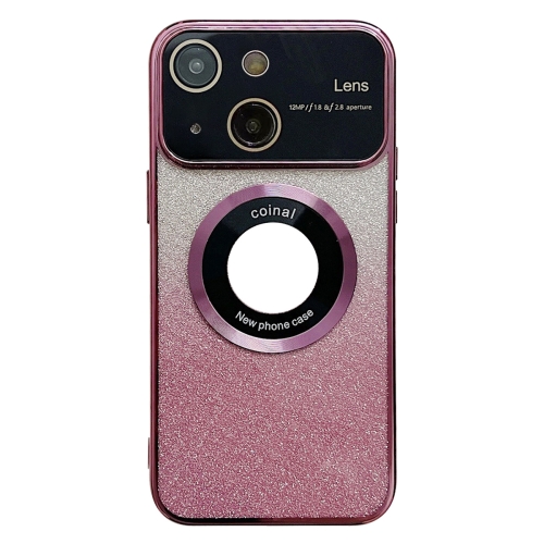 

For iPhone 15 Large Window MagSafe Gradient Glitter Electroplating TPU Phone Case(Rose Red)