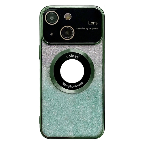 

For iPhone 14 Plus Large Window MagSafe Gradient Glitter Electroplating TPU Phone Case(Green)