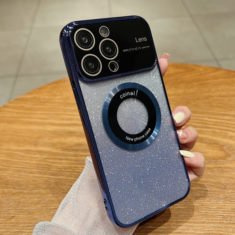 

For iPhone 13 Pro Max Large Window MagSafe Gradient Glitter Electroplating TPU Phone Case(Navy Blue)