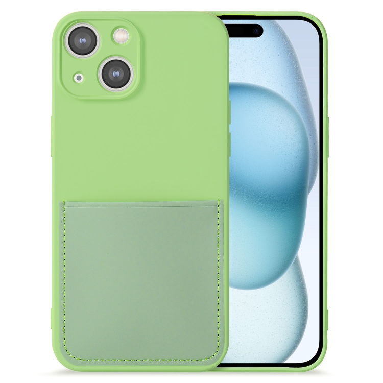 

For iPhone 15 Plus Imitate Liquid Silicone Skin Feel Phone Case with Card Slot(Tea Green)