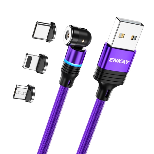 

ENKAY 3 in 1 2.4A USB to Type-C / 8 Pin / Micro USB Magnetic 540 Degrees Rotating Charging Cable, Length:2m(Purplele)