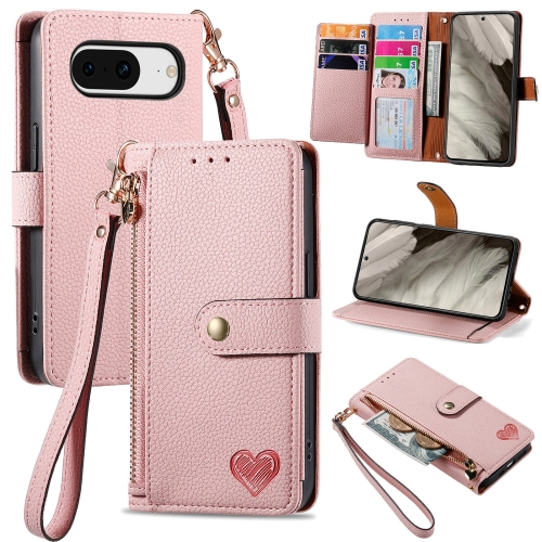 

For Google Pixel 8 Pro Love Zipper Lanyard Leather Phone Case(Pink)