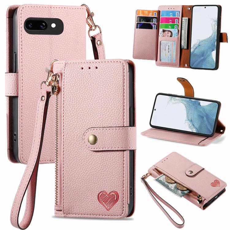 

For Google Pixel 9a Love Zipper Lanyard Leather Phone Case(Pink)