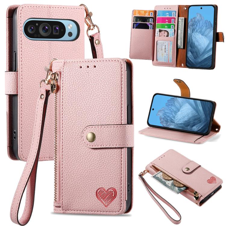 

For Google Pixel 10 Pro XL Love Zipper Lanyard Leather Phone Case(Pink)