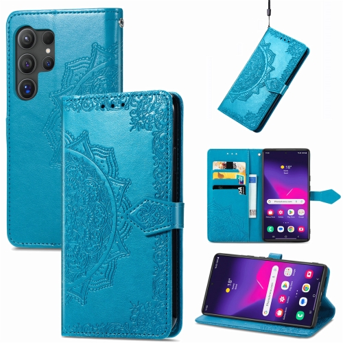 

For Samsung Galaxy S24 Ultra 5G Mandala Flower Embossed Leather Phone Case(Blue)