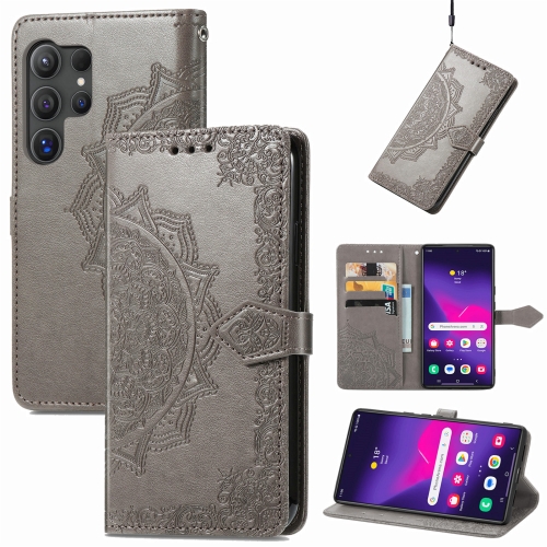 

For Samsung Galaxy S25 Ultra 5G Mandala Flower Embossed Leather Phone Case(Gray)