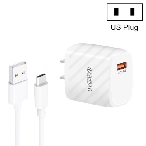 

TE-005 QC3.0 18W USB Fast Charger with 1m 3A USB to Type-C Cable, US Plug(White)