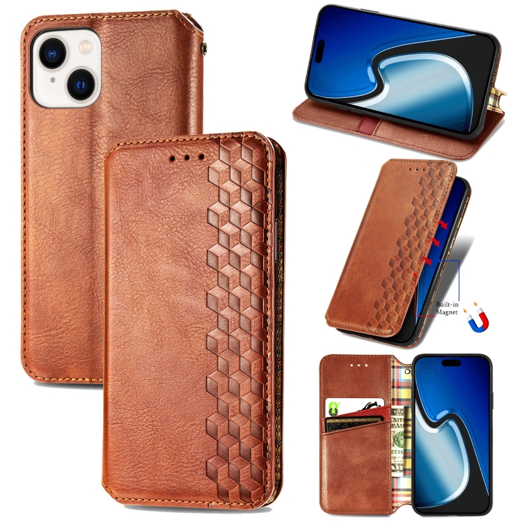 

For iPhone 15 Cubic Grid Pressed Magnetic Leather Phone Case(Brown)