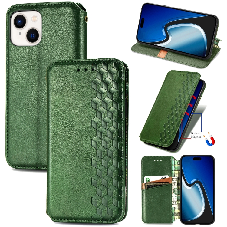 

For iPhone 15 Cubic Grid Pressed Magnetic Leather Phone Case(Green)