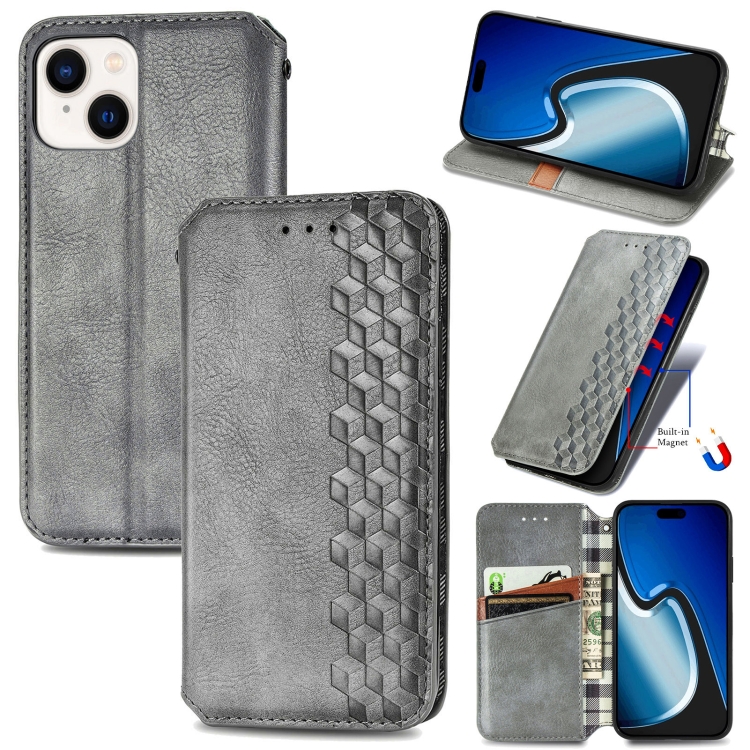 

For iPhone 15 Pro Cubic Grid Pressed Magnetic Leather Phone Case(Grey)