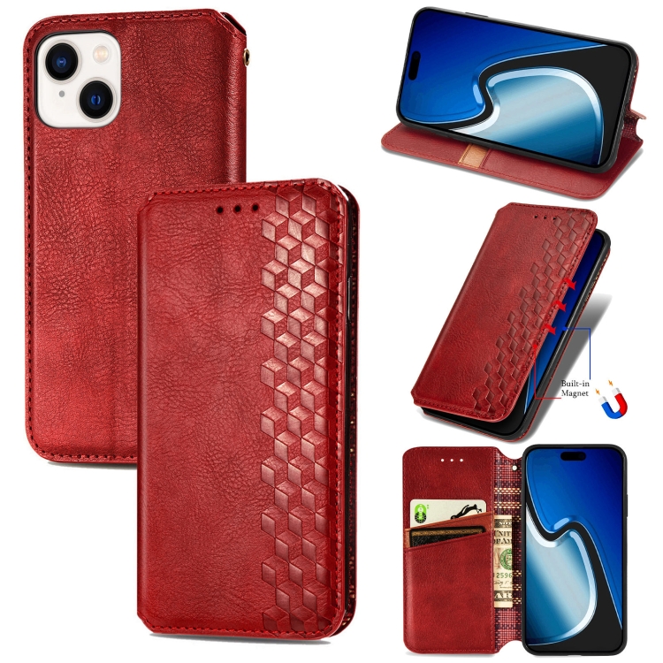 

For iPhone 15 Plus Cubic Grid Pressed Magnetic Leather Phone Case(Red)