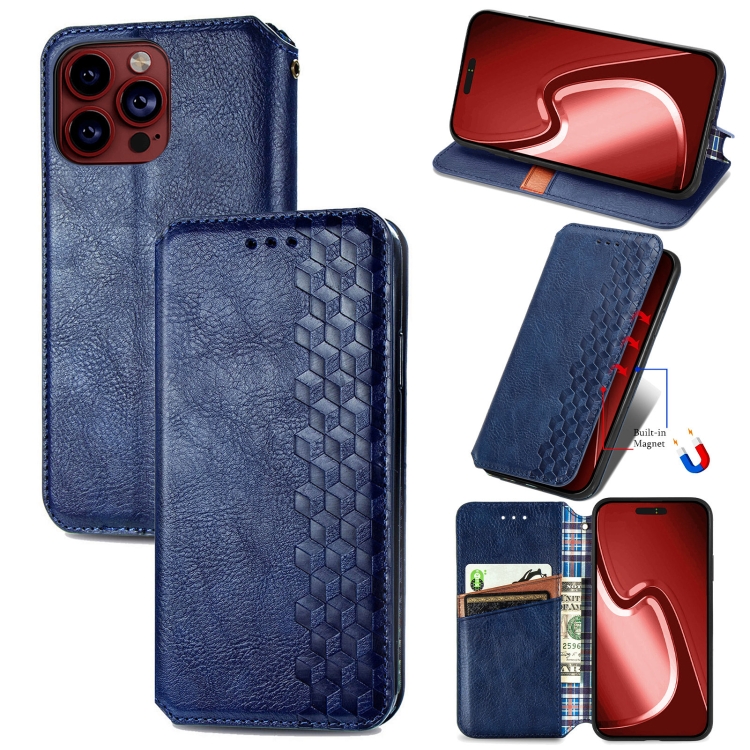 

For iPhone 15 Pro Max Cubic Grid Pressed Magnetic Leather Phone Case(Blue)
