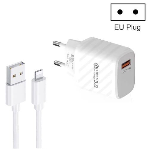 

TE-005 QC3.0 18W USB Fast Charger with 1m 3A USB to 8 Pin Cable, EU Plug(White)