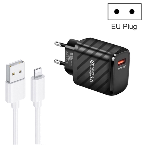 

TE-005 QC3.0 18W USB Fast Charger with 1m 3A USB to 8 Pin Cable, EU Plug(Black)