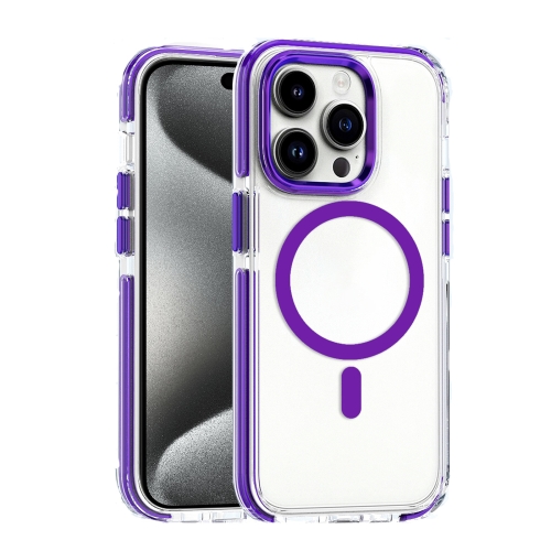 For iPhone 15 Pro Max Dual-color MagSafe TPU Hybrid Clear PC Shockproof Phone Case(Purple) for iphone 13 pro max solid color liquid silicone shockproof protective case yellow
