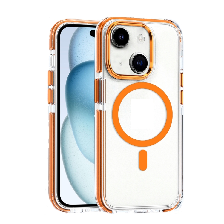 

For iPhone 15 Plus Dual-color MagSafe TPU Hybrid Clear PC Shockproof Phone Case(Orange)