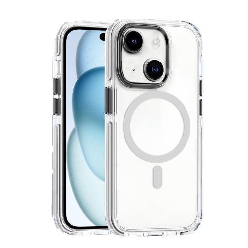 For iPhone 15 Plus Dual-color MagSafe TPU Hybrid Clear PC Shockproof Phone Case(White) for iphone 15 plus dual color magsafe tpu hybrid clear pc shockproof phone case white
