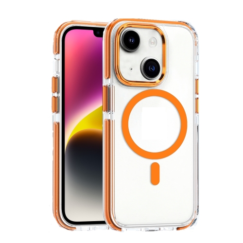 For iPhone 14 Plus Dual-color MagSafe TPU Hybrid Clear PC Shockproof Phone Case(Orange) for iphone 14 pro max dual color magsafe tpu hybrid clear pc shockproof phone case purple