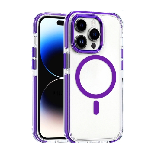 For iPhone 14 Pro Dual-color MagSafe TPU Hybrid Clear PC Shockproof Phone Case(Purple) for iphone 13 pro max solid color liquid silicone shockproof protective case yellow
