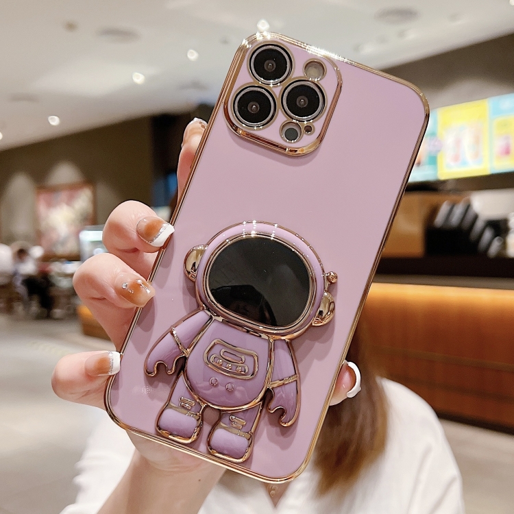 

For iPhone 15 Pro Electroplating Astronaut Holder Phone Case(Purple)
