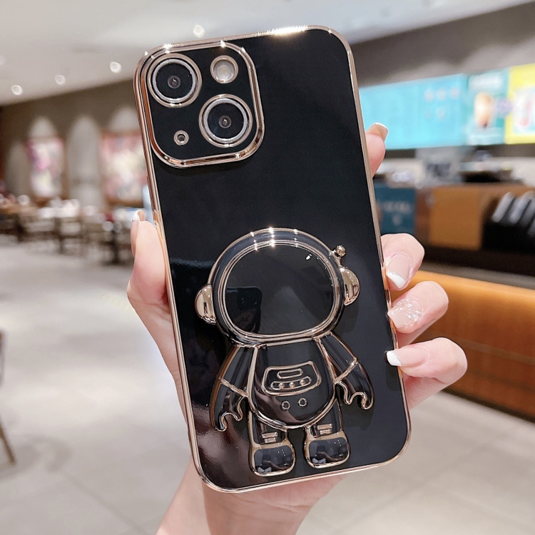 

For iPhone 15 Plus Electroplating Astronaut Holder Phone Case(Black)