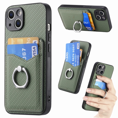 

For iPhone 15 Carbon Fiber Card Wallet Ring Holder Phone Case(Green)