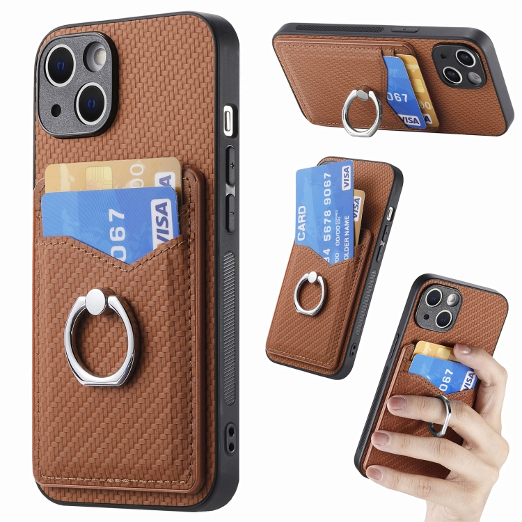 

For iPhone 15 Carbon Fiber Card Wallet Ring Holder Phone Case(Brown)