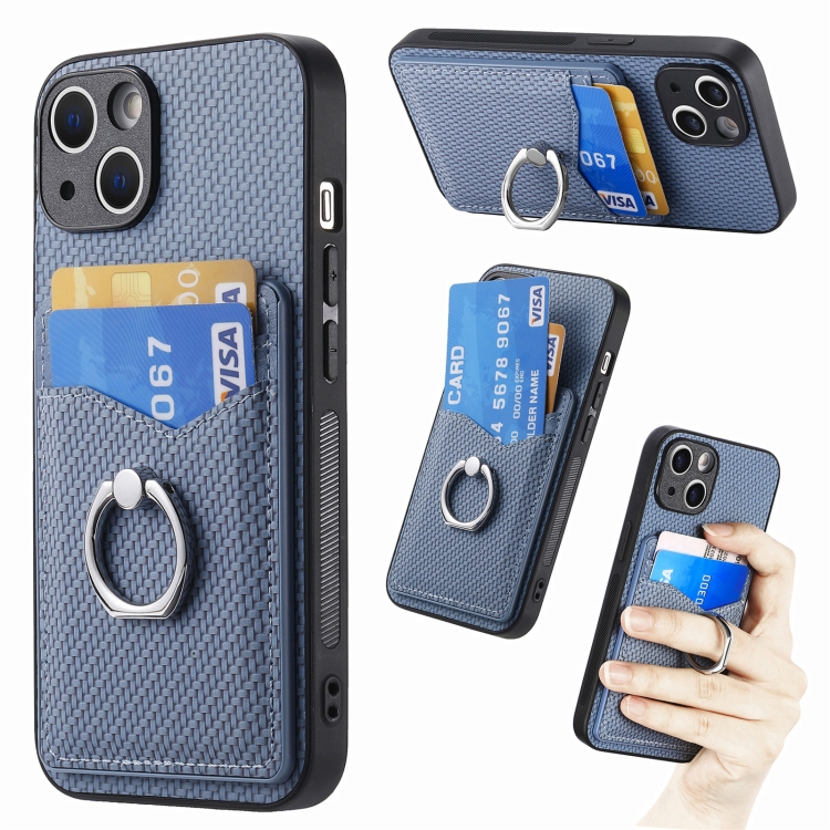 

For iPhone 15 Carbon Fiber Card Wallet Ring Holder Phone Case(Blue)